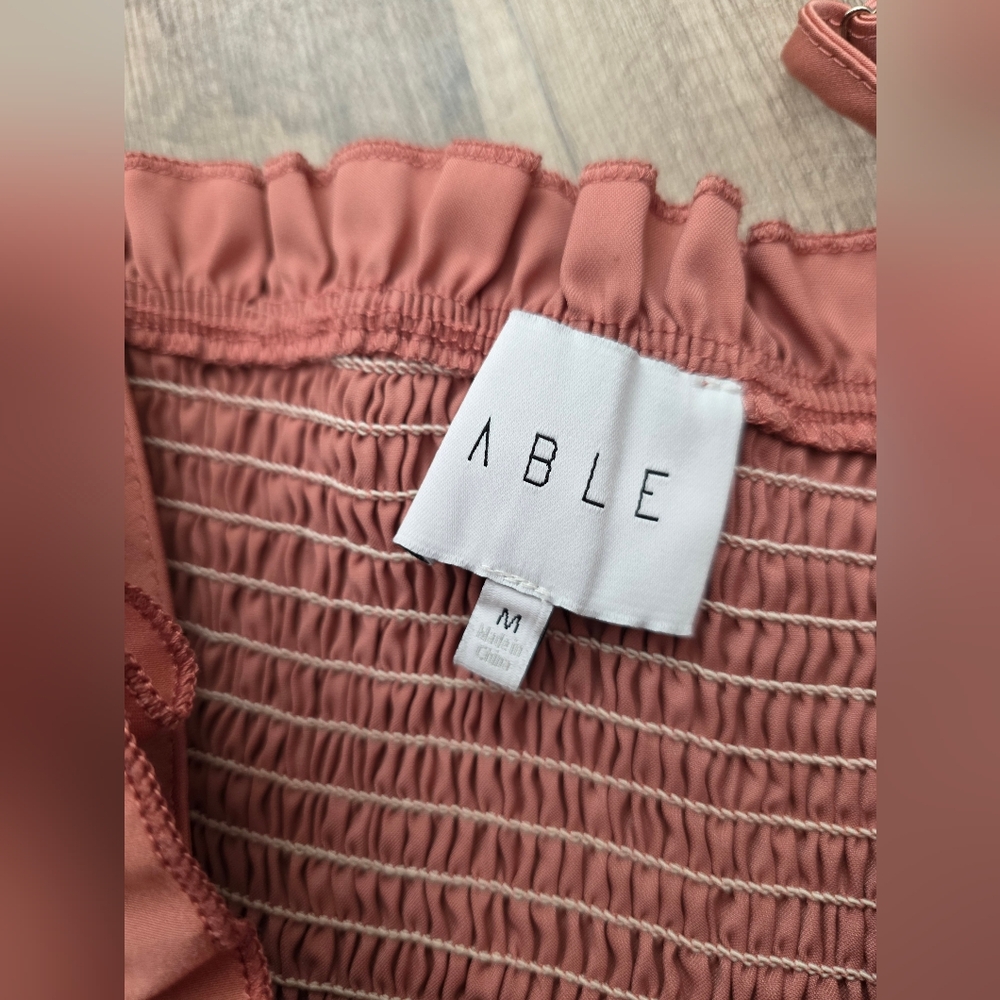 MABLE revolve Rwfoemation Smocked Midi Rucged Elegant Pink Ruffle Dress Coastal - Picture 9 of 11